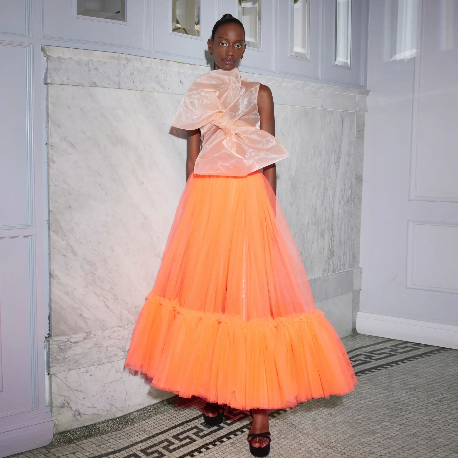 

2023 Couture Prom Long Skirt Tulle Puffy Ruffles Orange Women Maxi Skirts 5 Layers Tulle Tutu Party Skirt with Liner Custom Made