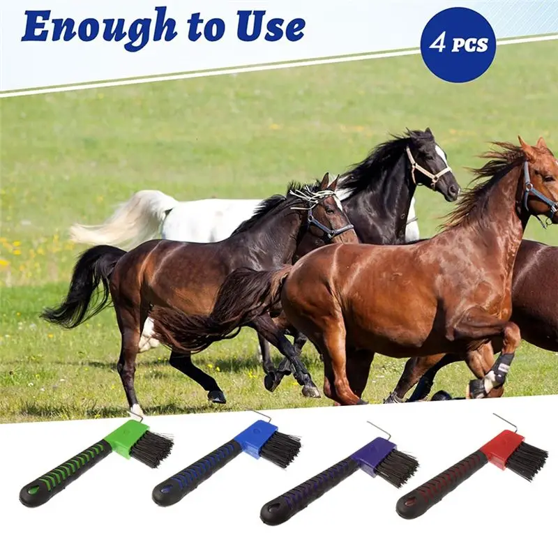 A27F-Piece 4-Piece Portable Hoof Pick Set For Horses With Soft Rubber Handles And Built-In Brush, Random Colors