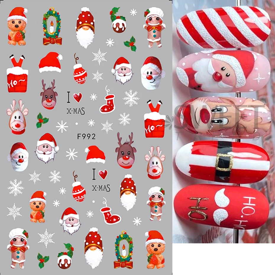 Süße Weihnachten Nail Art Aufkleber Kawaii Schneeflocke Hirsch Weihnachtsmann Star Holly Winter Weihnachten Neujahr 3D Aufkleber Slider Maniküre Tipps