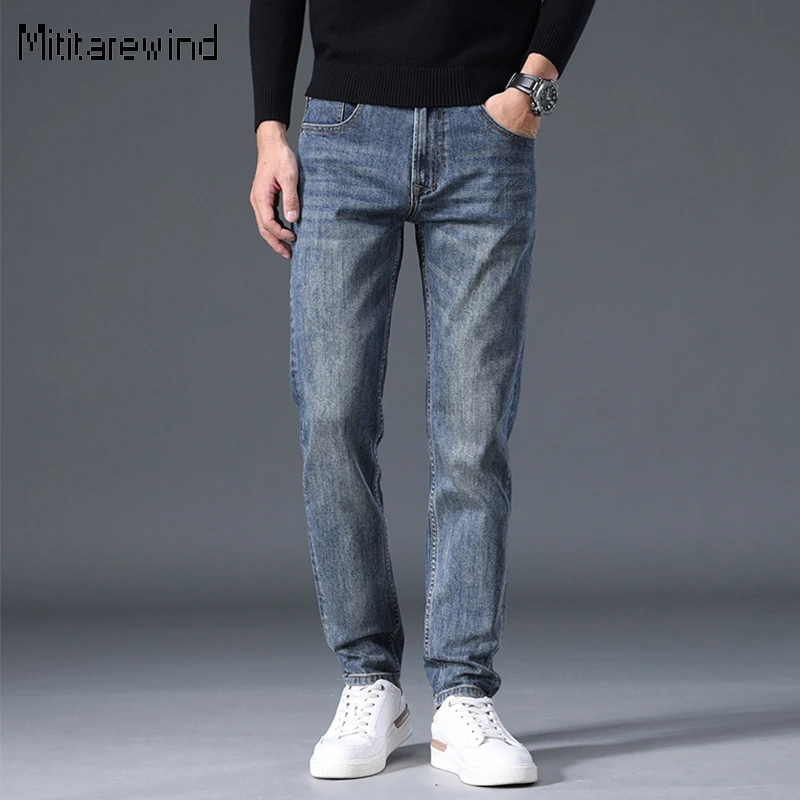 

Autumn Classic Blue Jeans Men Daily Casual Denim Pants Cotton Mid-waist Stretch Straight Jeans Korean Fashion Versatile Trousers
