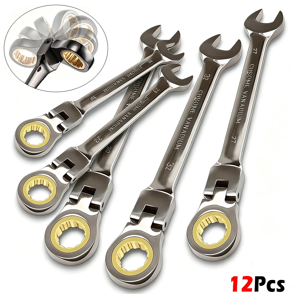 12Pcs Flexible Flex‑Head Ratchet Combination Wrench Set 8‑19mm Metric 72‑Teeth Gear Ring Spanner Steel Wrenches Kit