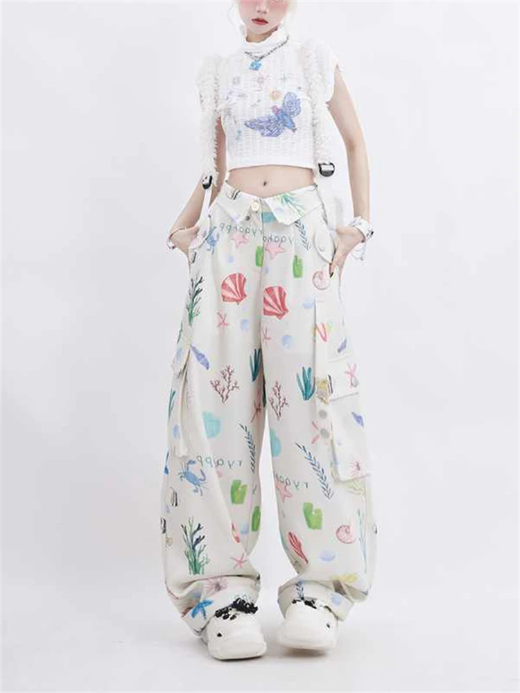 

Women's Cartoon Print Multiple Pockets Pants Fashion Young Girl Wide Leg Bottoms Female Loose Straight High Waisted Trousers