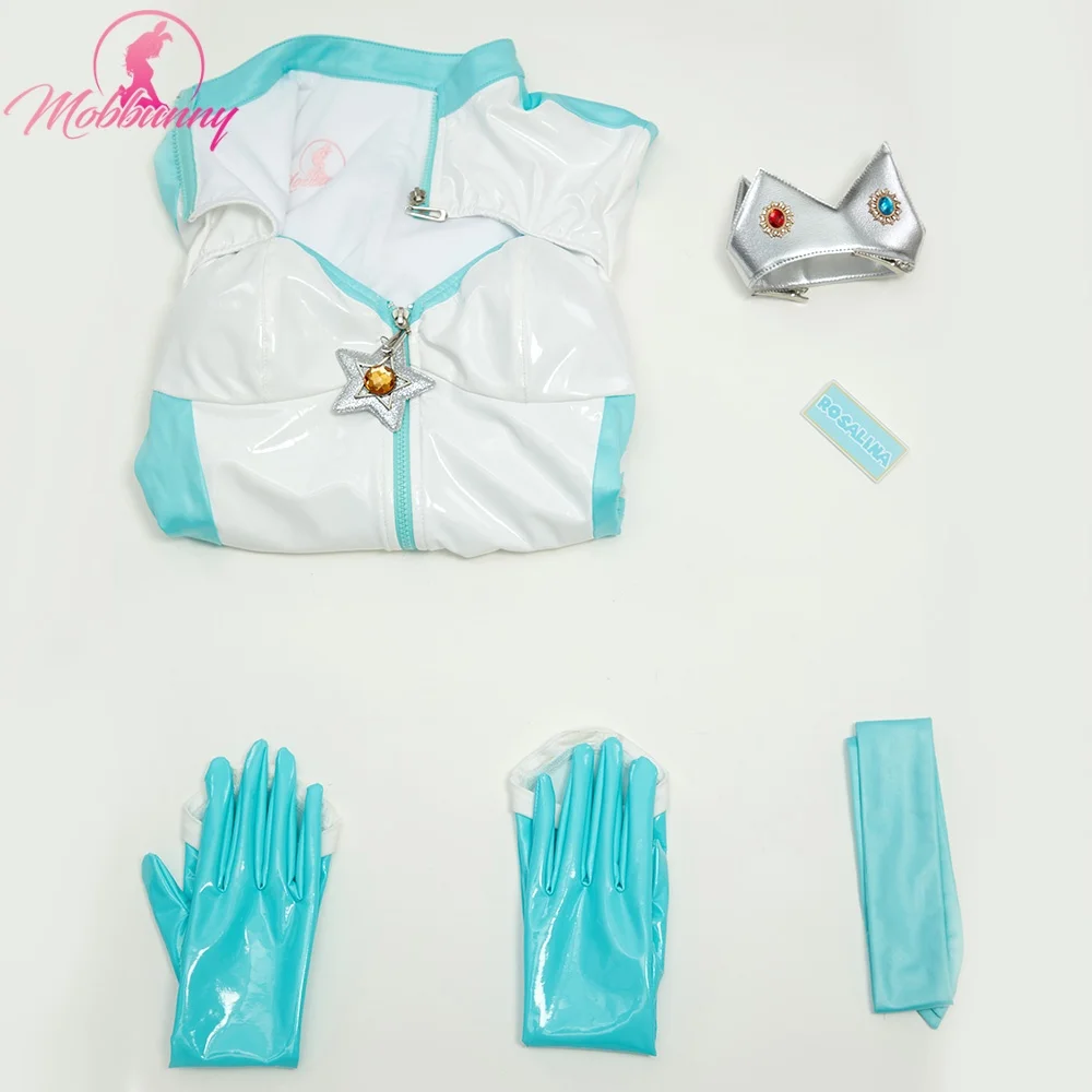 MOBBUNNY Women Princess Derivative Lingerie Racing Suit Striped Cutout Bodysuit with Crown Gloves Cosplay Costume