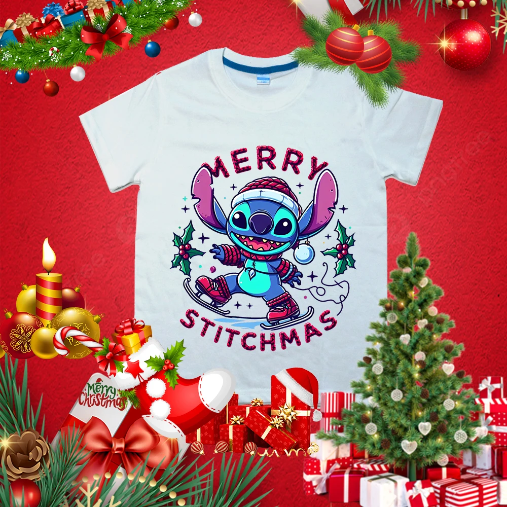 Stitch Kerst Bedrukt Kids T-Shirt Zomer Kinder Katoenen Korte Mouw Geschikt Voor Jongens En Meisjes Casual Tops