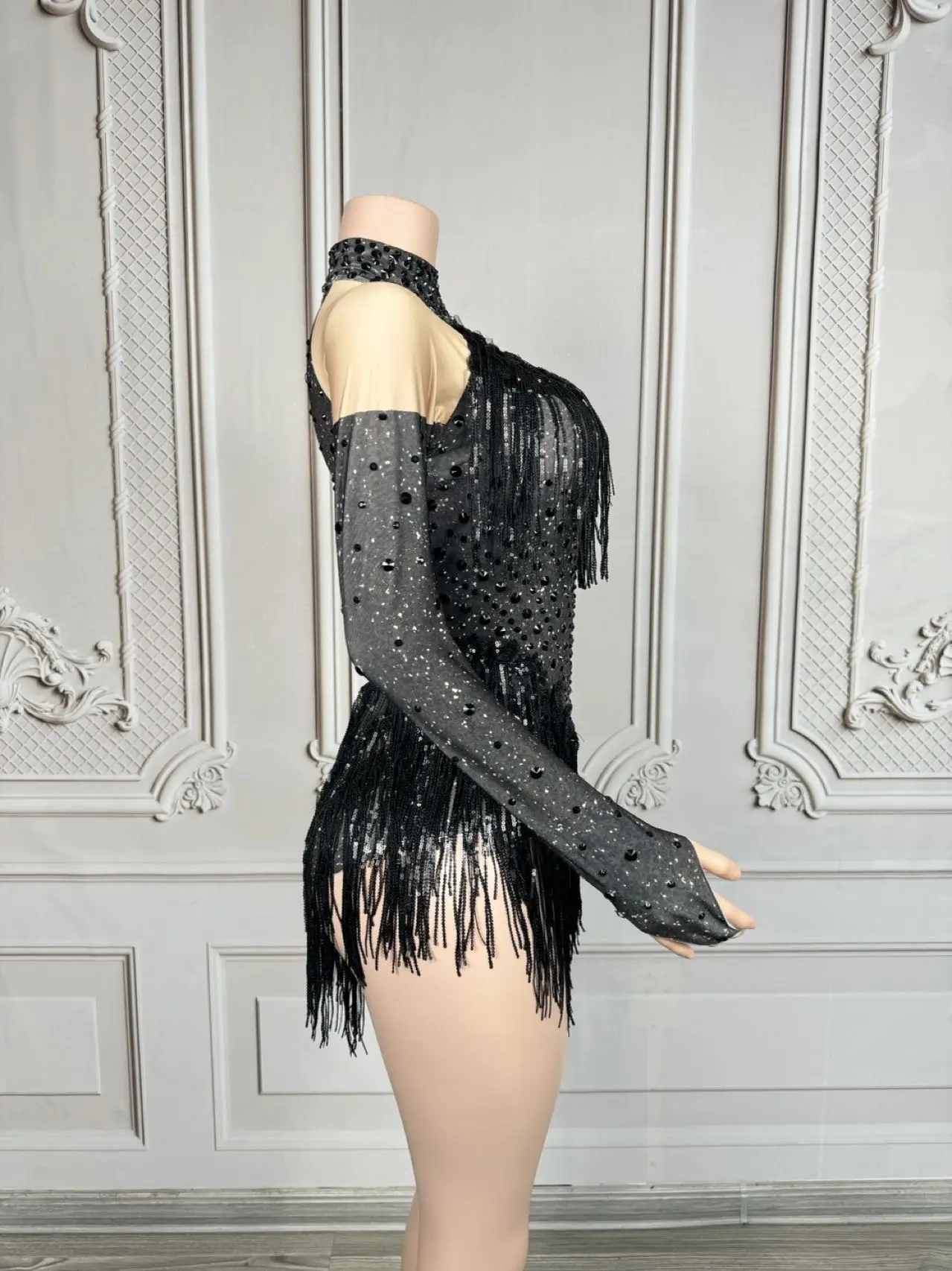 Sparkly Rhinestones Sequins Tassel Spandex Bodysuit Women Sexy Performance Costume Singer Dancer Stage Wear Birthday Outfit Cwei