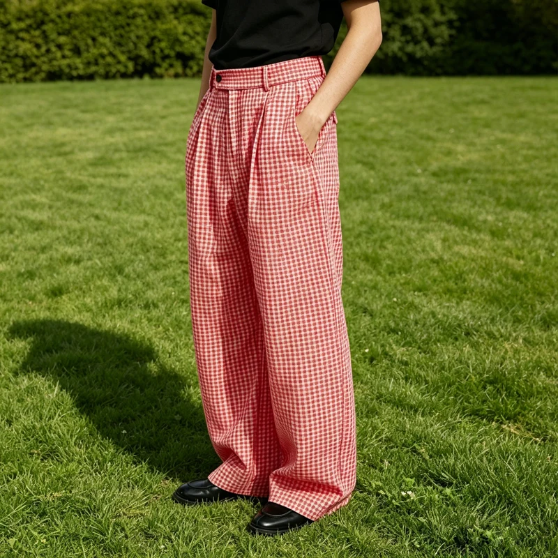 Men's Plaid Wide Leg Pants Loose Fit Cotton Linen Trousers Male Y2K Streetwear Casual Beach Breathable Elastic Waist Pockets view 2
