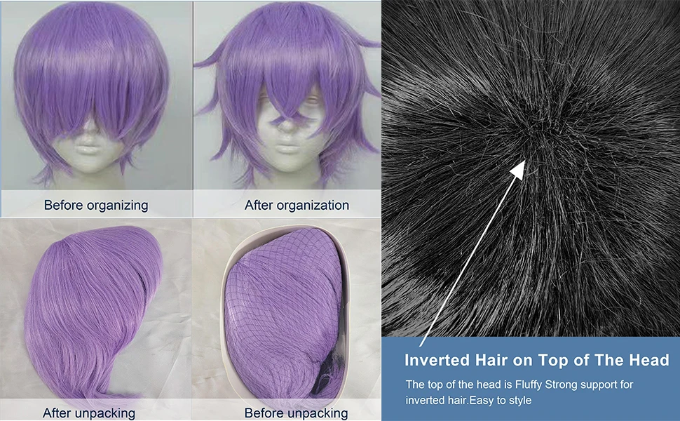 Cosplay-Perücken, Unisex-Anime-Perücke, 12 cm, kurze Haare, universelle Kostüm-Synthetikperücke mit Pony + Kappe, für Partys, Festivals – Detail 7