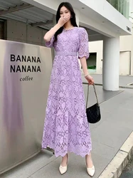 2023 New Spring Summer Women Half Sleeve Belt Slim Long Dress High Quality Floral Hollow Out Chemical Lace Runway Dress 6 Colors