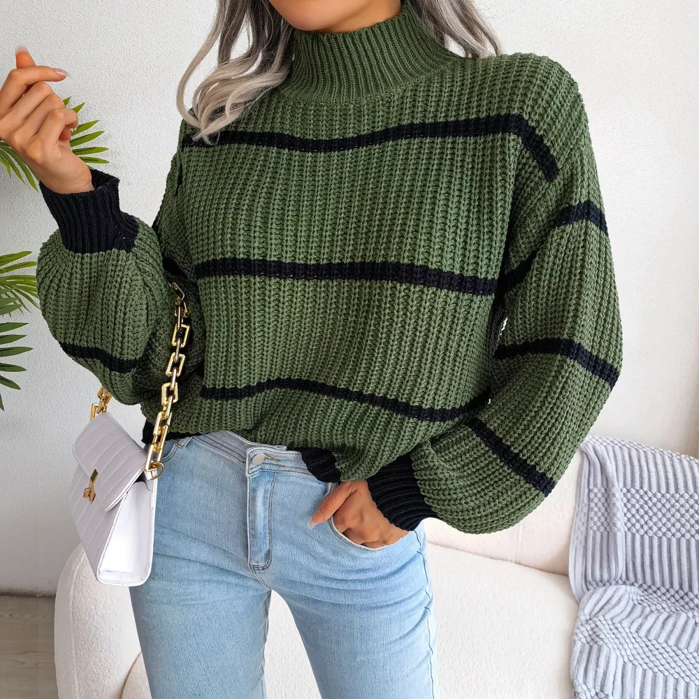 

Women's Korean Knitwear Long Sleeve Half High Collar Knit Pullovers, Stripes Bottoming Shirt, Autumn and Winter Sweater