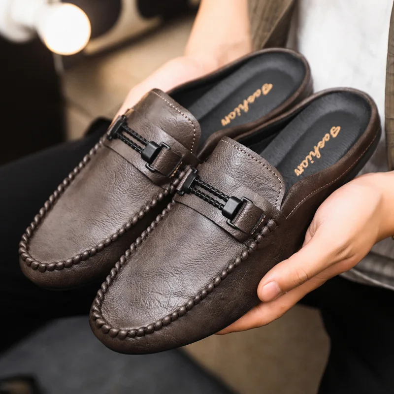 

Spring Men Casual Loafers Fashion Breathable Leather Slippers for Man Outdoor Light Mules Cool Half Shoes chinelos masculinos