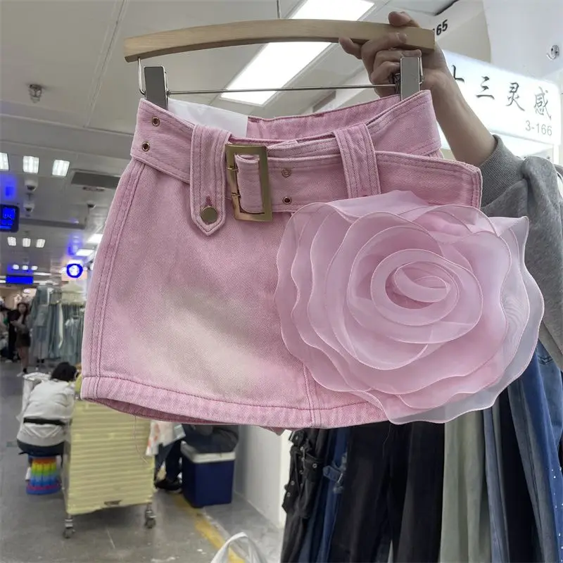 

Women Skirt Pink 3D Rose Flower Embellished Denim A-Line Skirt