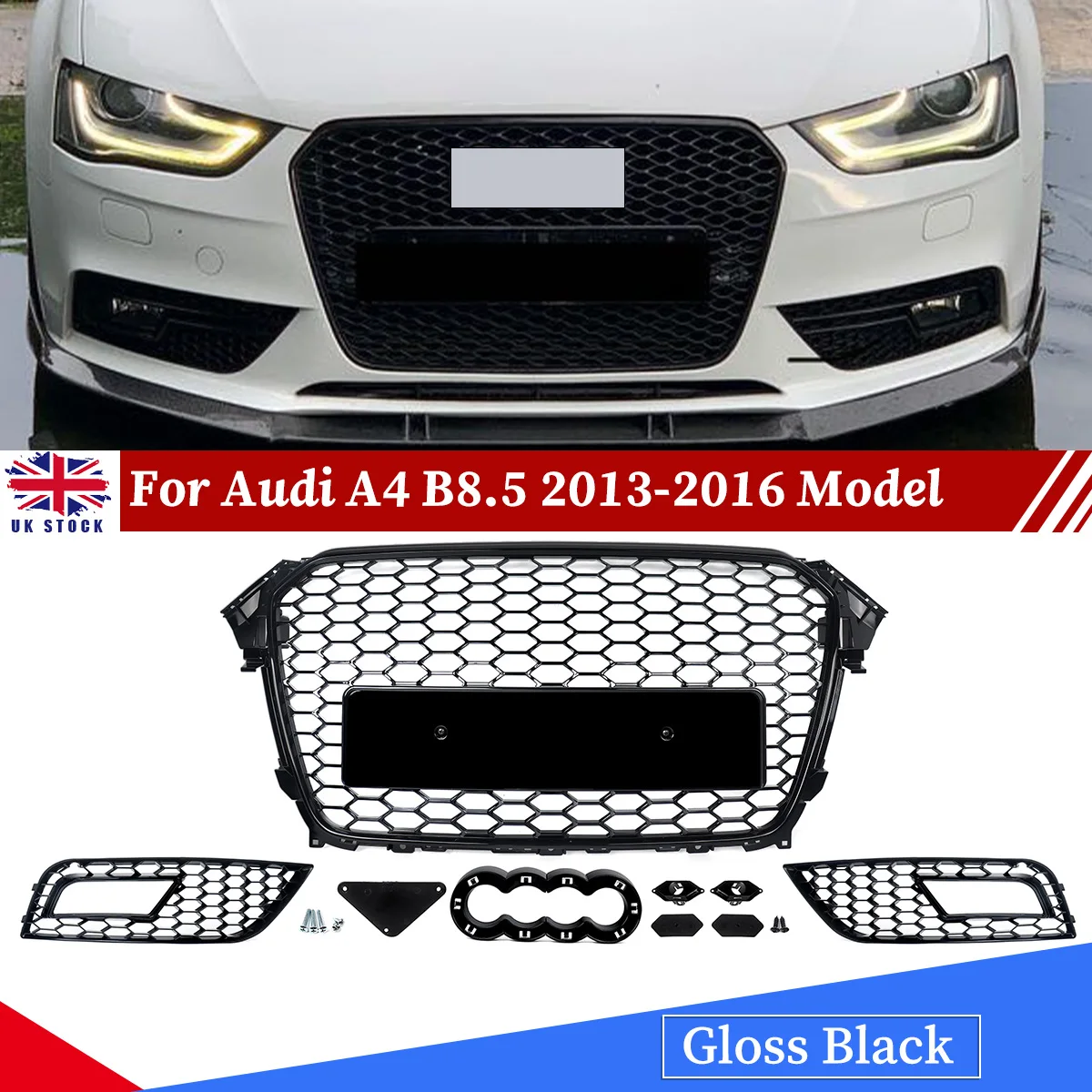 

For Audi A4 B8.5 Standard Model 2013 2014 2015 2016 Gloss Black Front Bumper Main Grille car bumper grill Fog Light Cover