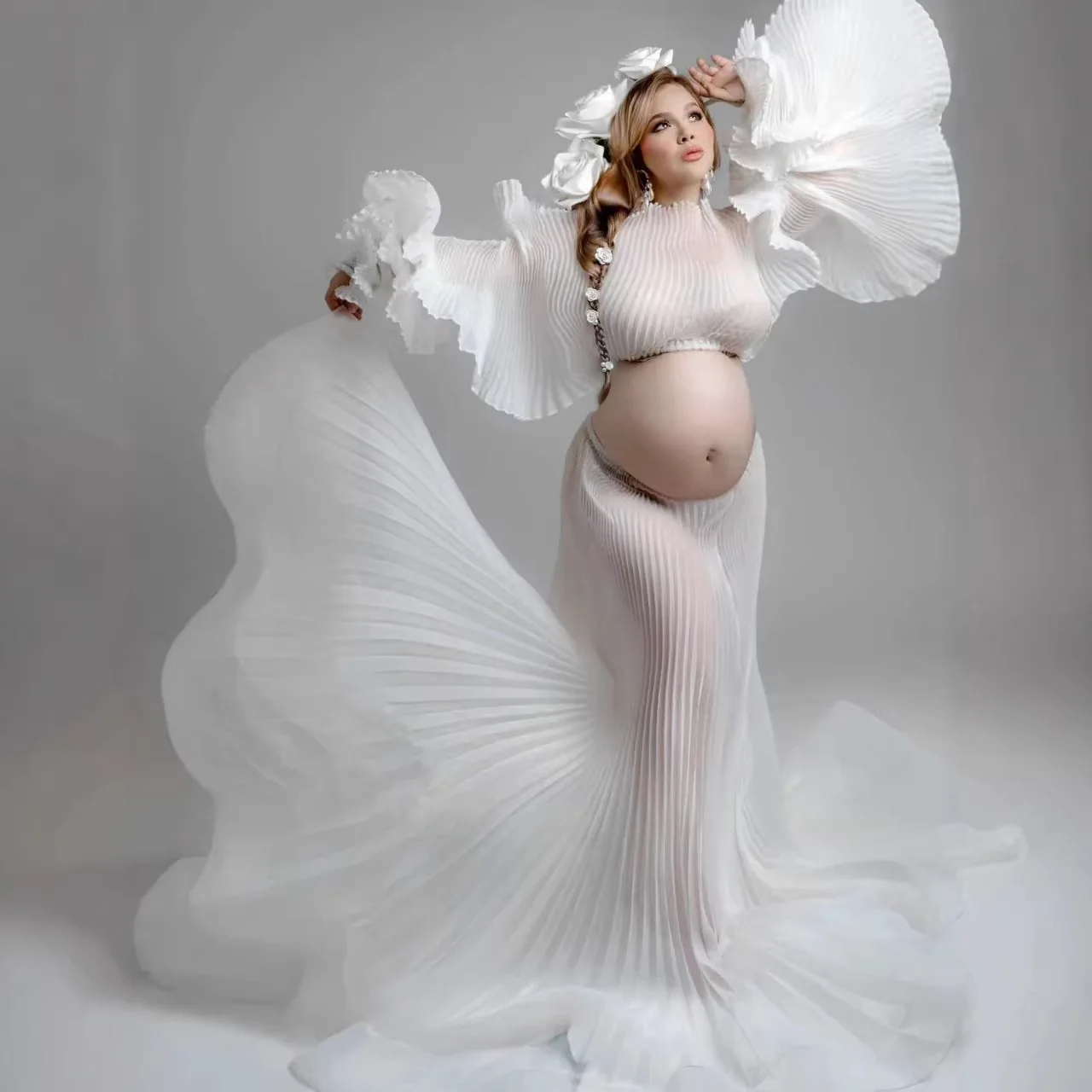 

Dreams Olive Pleated Maternity Photoshoot Dresses Two Pieces Baby Shower Dress Pregnancy Women Shooting Sets Dress Custom Outfit