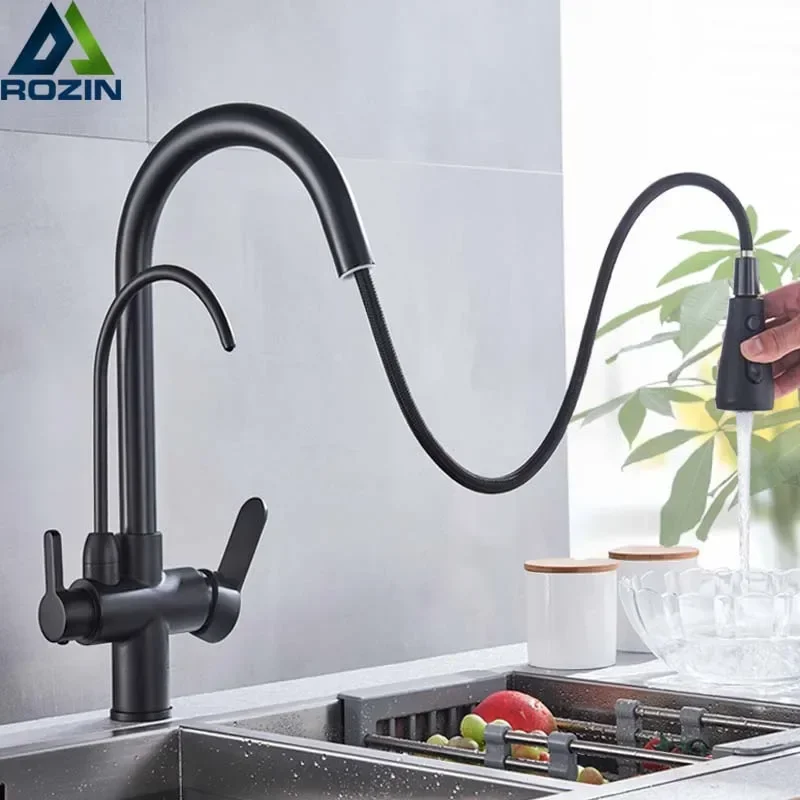 Rozin Purification Kitchen Faucets Black Pull Out Kitchen Water Filter Tap 3 Way Mixer torneira para cozinha de parede Crane