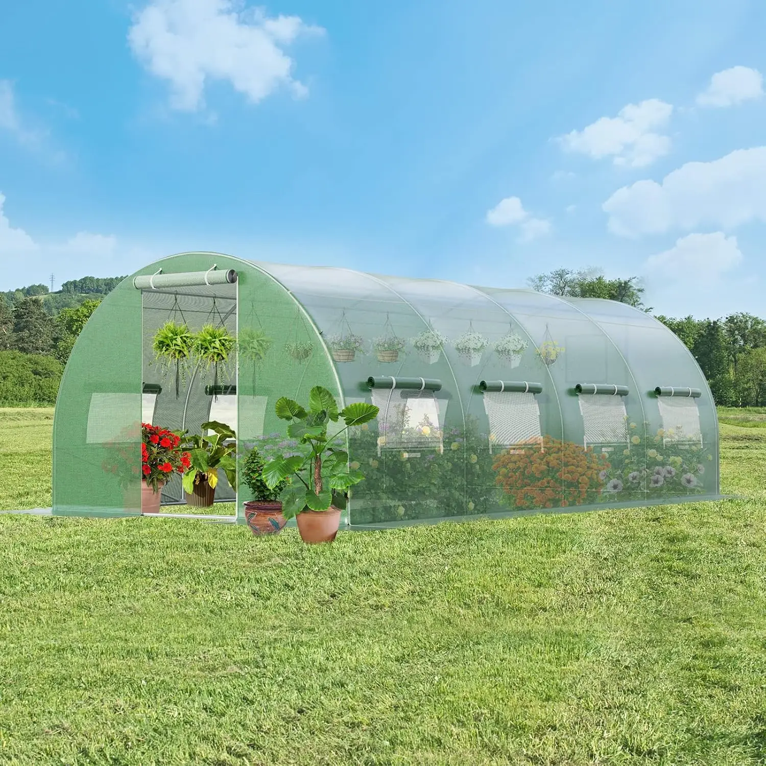 20 x 10 x 6.5 FT Greenhouse for Outdoor, Walk-in Tunnel Greenhouse with 10 Roll-up Windows & 2 Zippered Doors