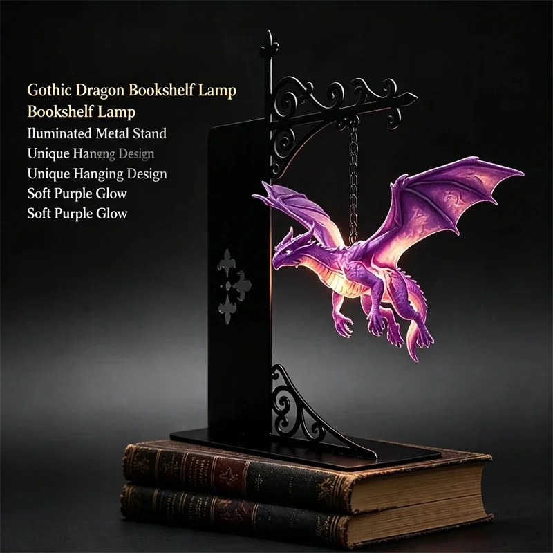 Purple Dragon Bookshelf Lamp LED, Illuminated Metal Stand Gothic Fantasy, Night Light Creative Desk Decor, Gift For Kids Adults