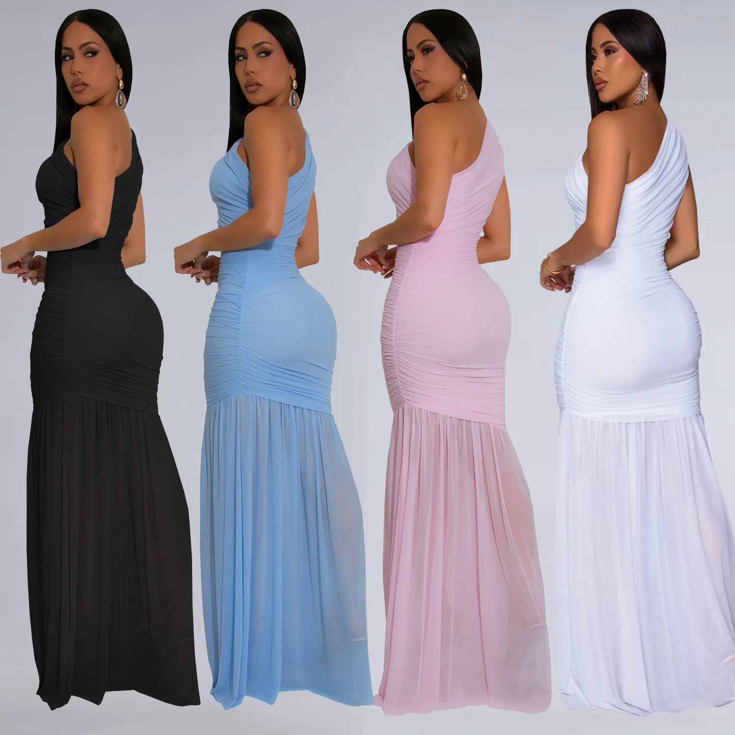 C7370 Abito in tinta unita trasparente sexy con spalla asimmetrica elegante da donna alla moda