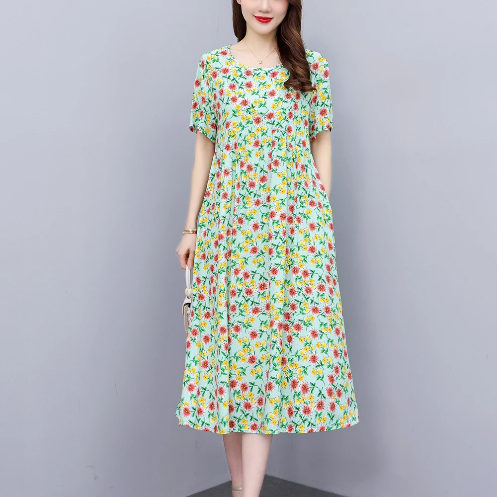 

New Fashion Casual Summer Dresses For Women O-Neck Print Vintage Short Sleeve Elegant Floral Clothes Dress Loose Women Clothing