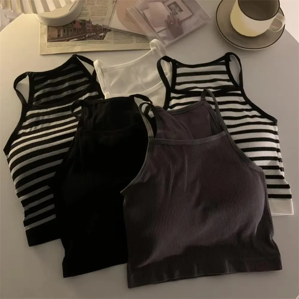 Korean Version Sleeveless Crop Top Stripe Slim Fit Ladies' Sling Vest with Chest Pad Women Camisole Sports