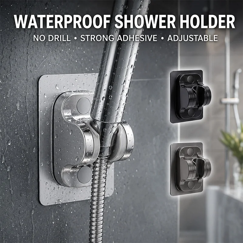 Universal Adjustable Shower Head Holder No Drill Adhesive Wall Mount Bracket Waterproof Punch Free Handheld Support Chrome Black