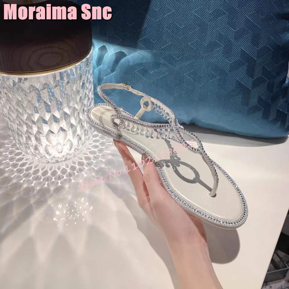 

Crystal Blingbling Clip Toe Sandals Luxury Rhinestone Flat With Back Strap Fashion Women Shoes Summer 2024 Newest Silver Solid