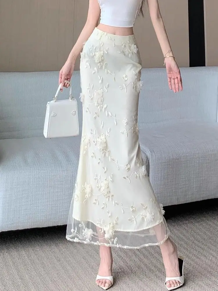 

Large size mesh stitching apricot skirt women's summer design sense temperament versatile slim hip skirt fishtail skirt