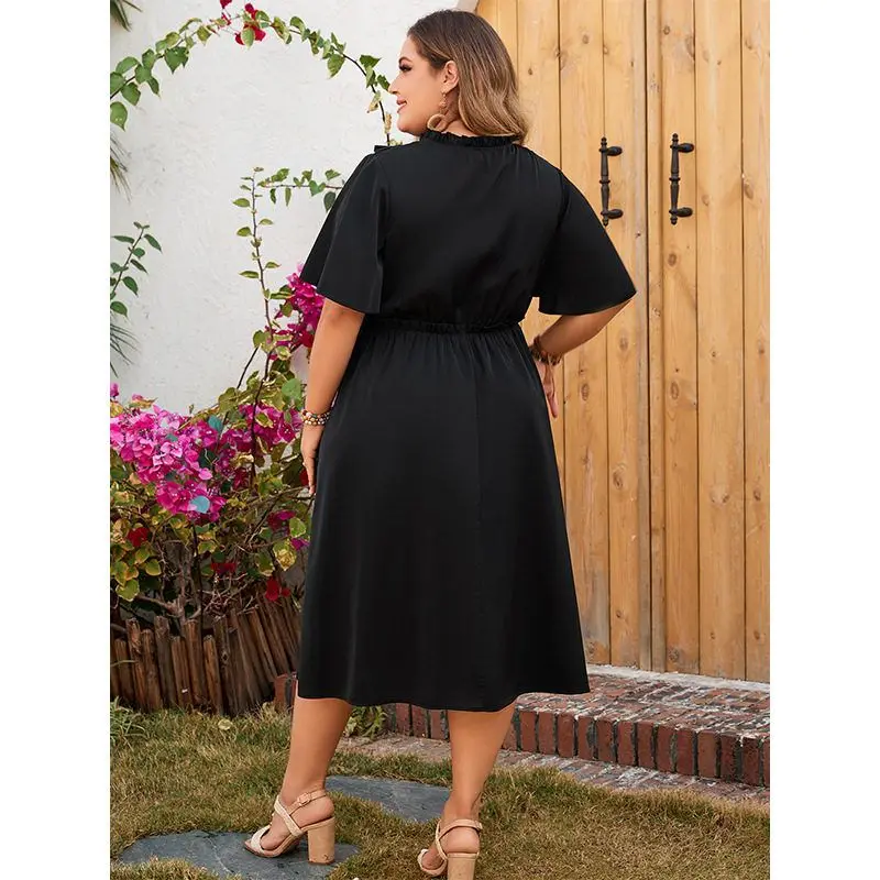 Ele Bla Koronkowa ażurowa sukienka midi z dekoltem w serek dla kobiet, jednolita, elegancka, rękaw do połowy ramienia, poliester