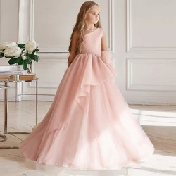 Teen Pink Girls Bridesmaid Dresses for Wedding Vestidos Elegant Luxury Party Tulle Bow Princess Evening Dress Birthday Prom Gown