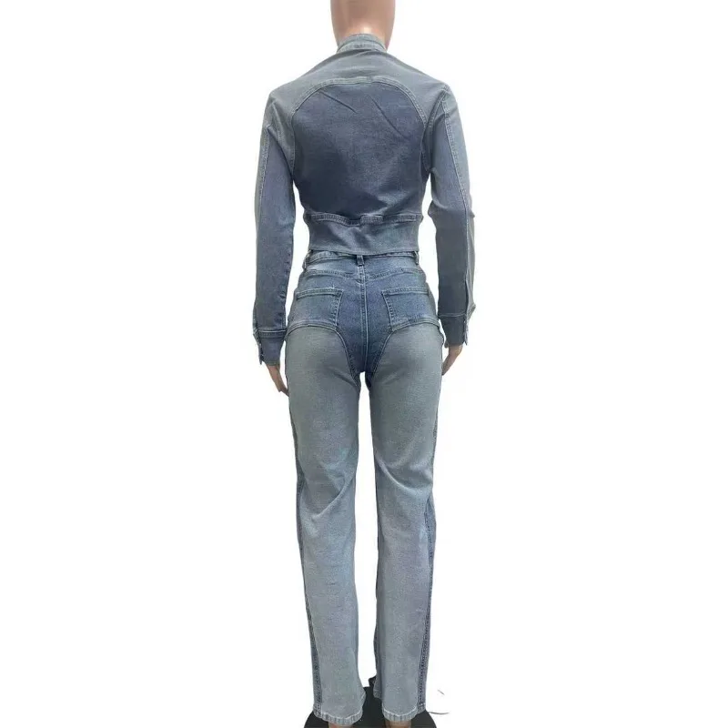 Color Patchwork Denim 2 Piece Set Stand Collar Long Sleeve Zipper Jackets Tops + Button Fly High Waist Pencil Pants Jeans Suits