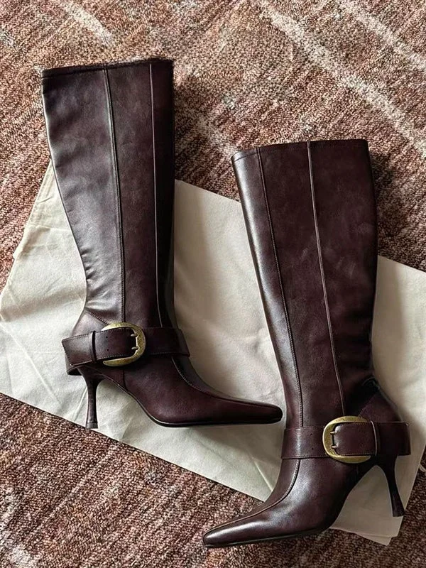 Retro Style High-Top Boots Women's Pointed Toe High Heel Slimming Knight Boots Leather Strap Metal Buckle Fashionable Winter ...