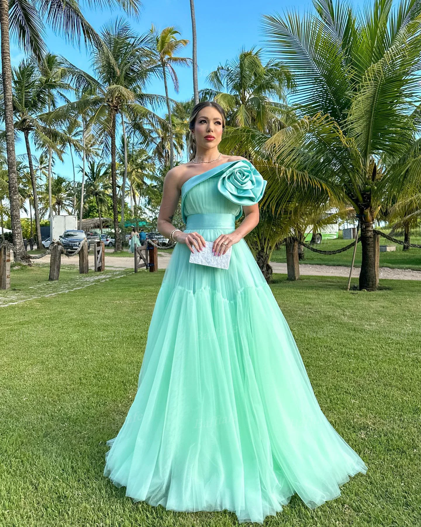 Bafftafe Mint Green Tulle Prom Dresses One Shoulder 3D Flowers Formal Party Evening Dress Customized Women Wedding Photography