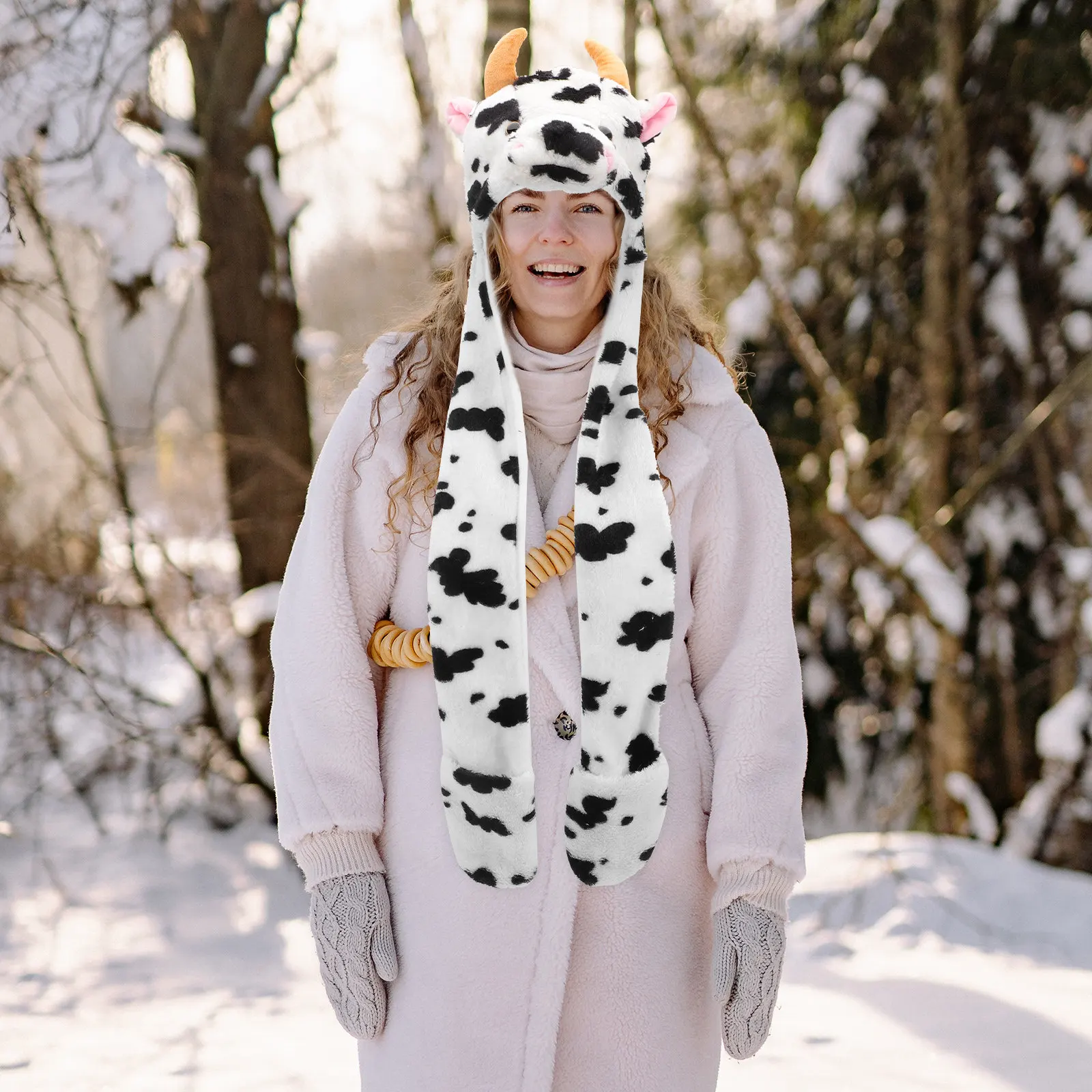 

Winter Cartoon Cow Pattern Hat Gloves Set Warm Keeping Ear Protection Cold Weather Outdoor Windproof Hat Comfortable Supple Warm
