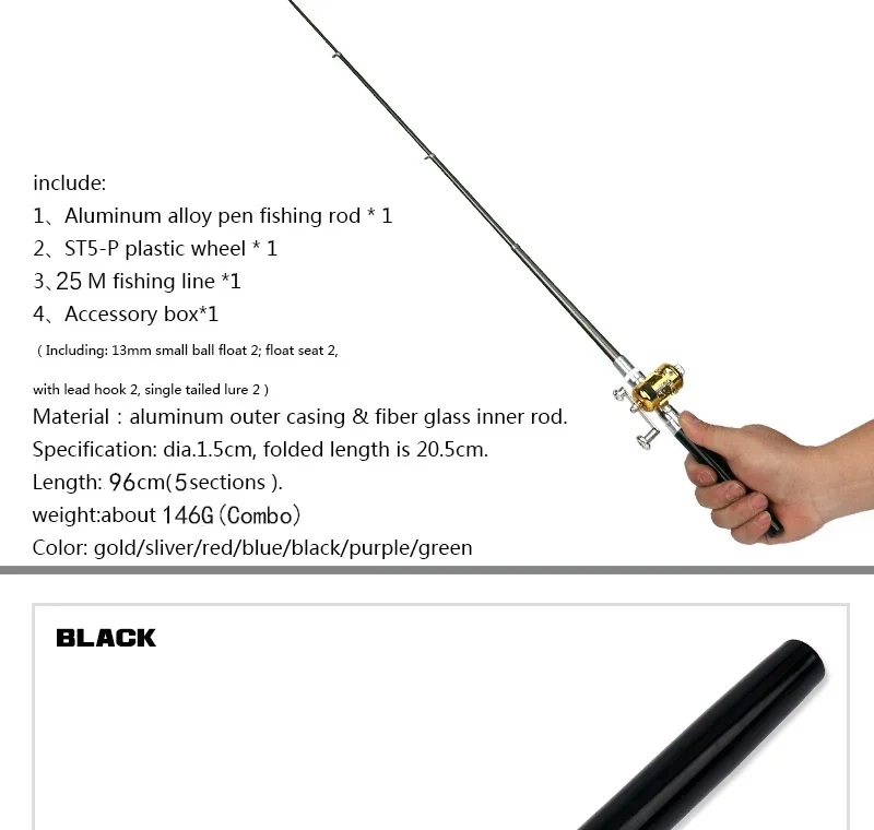 [Zubehör für Angelruten rollen] Tragbare Taschen-Teleskop-Angelrute rolle Full Kit Stift form Stange 96cm für Angel anfänger – Detail 3