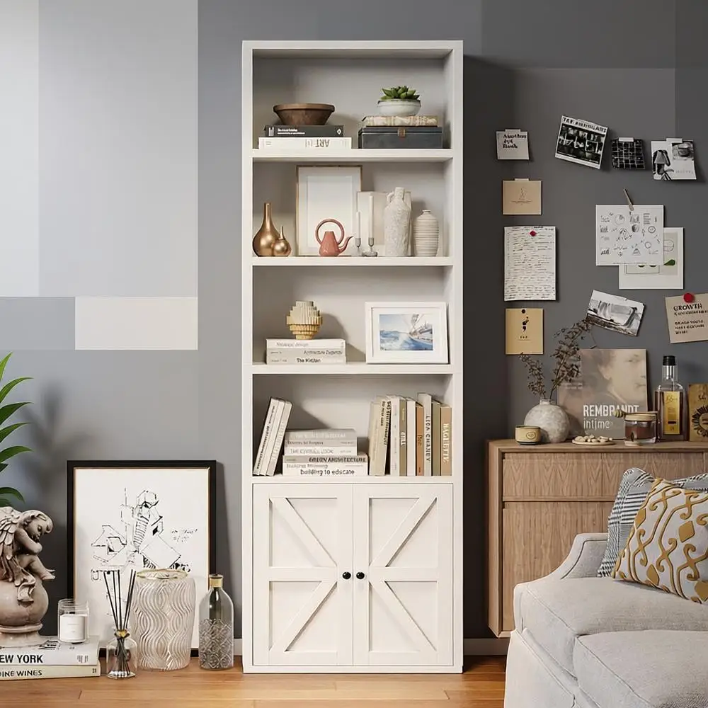 

71 Tall Wooden Bookshelf with Doors, Modern Storage Shelves Organizer, White, Home Office, Living Room, Bedroom Decor