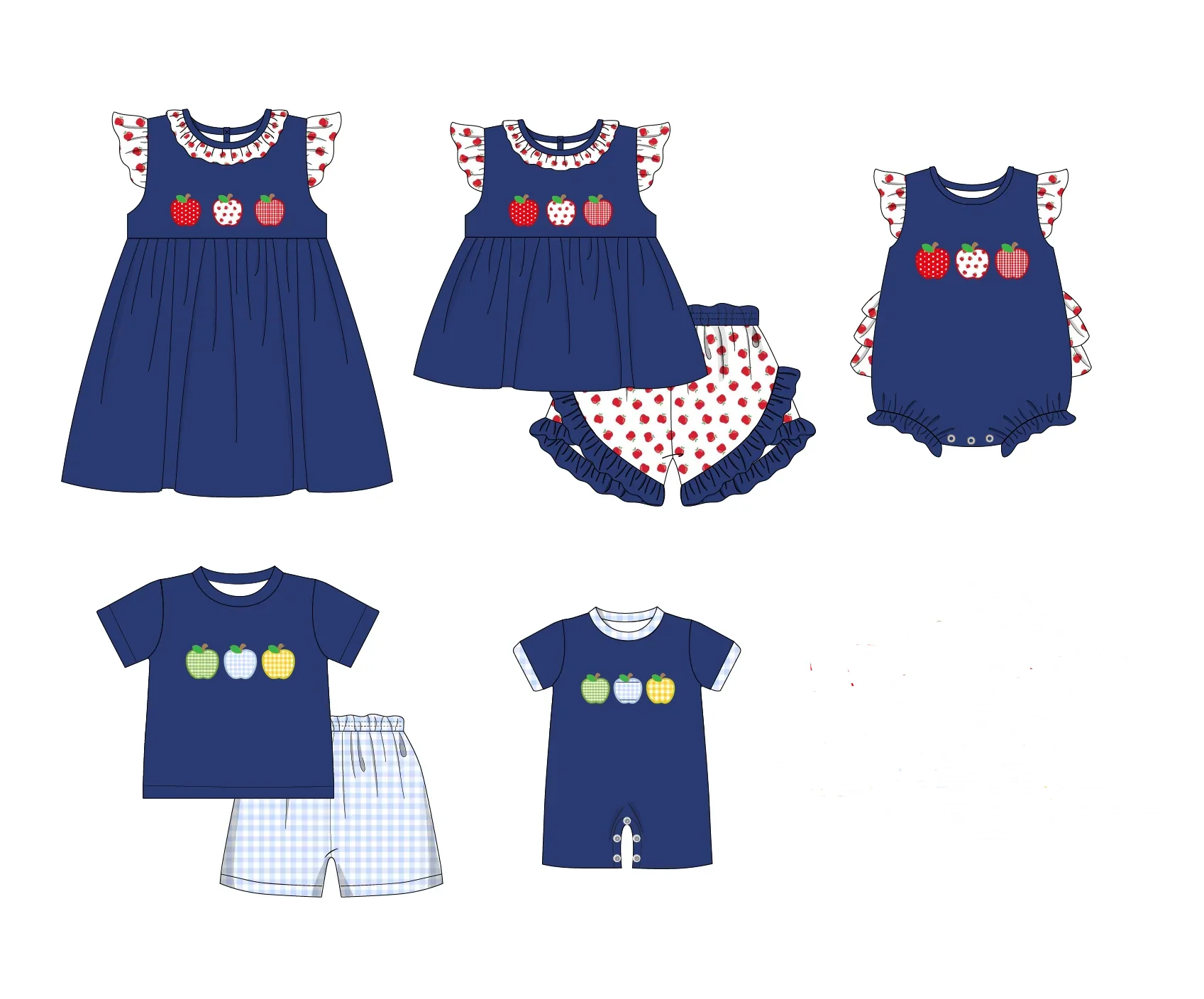 

Back to school boutique children's set pearl polka dot print shorts lace apple girl boy apple set baby romper dress