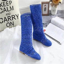 Women's spring high boots wool hollow boots fashion luxury brand summer white lace boots ladies hollow flat casual shoes