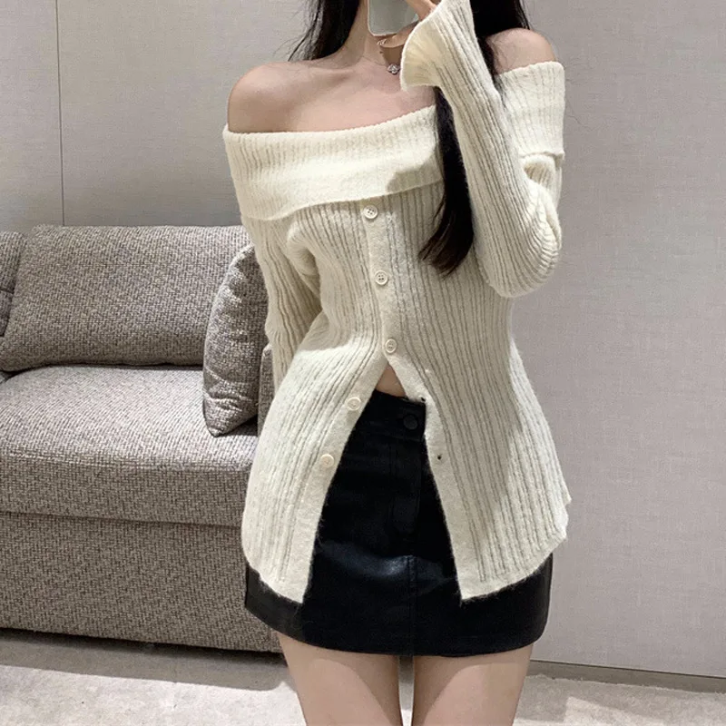 2024 Gentle Style Temperament Slit Knitted Sweater Autumn Spicy Girl Long Sleeved One Shoulder Sweater Jacket