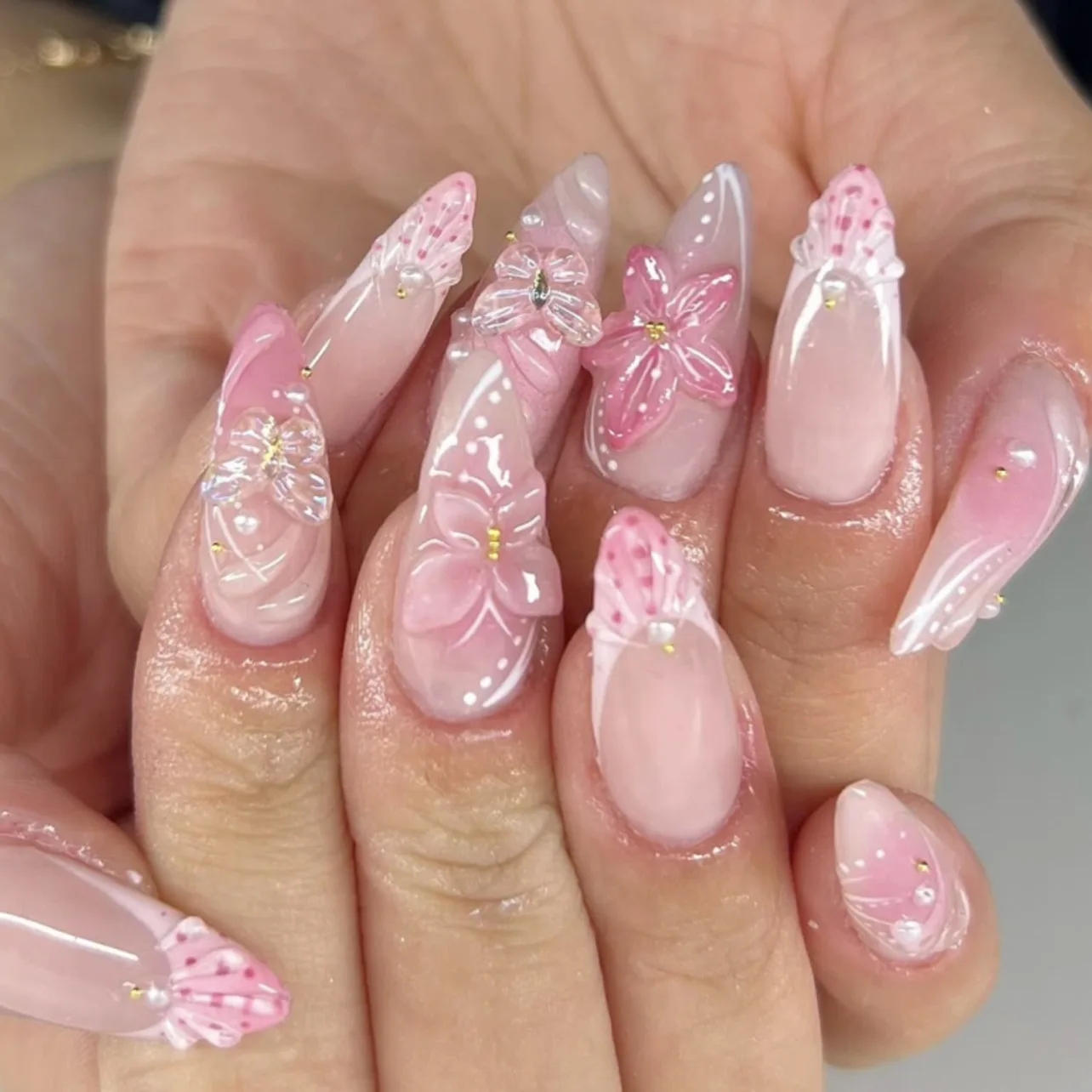 24PCS Pink Almond Press on Nails Tips Sweet Bowknot Flowers Designs French Fake Nails for Women Acrylic Wearable Nail Manicure