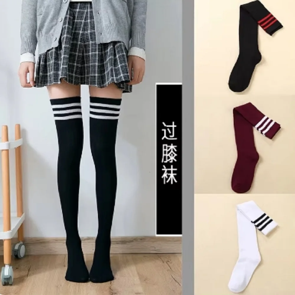 Black White Wine Red Striped Women Long Socks Thigh High Nylon Stockings Breathable Over Knee Girls