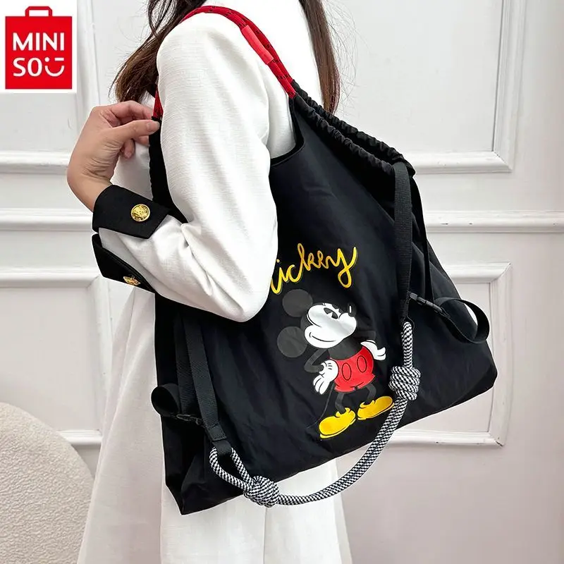 MINISO Disney Mickey Cartoon Printed One Shoulder Crossbody Bag Student Fashion Nylon Large Capacity Shopping Handbag