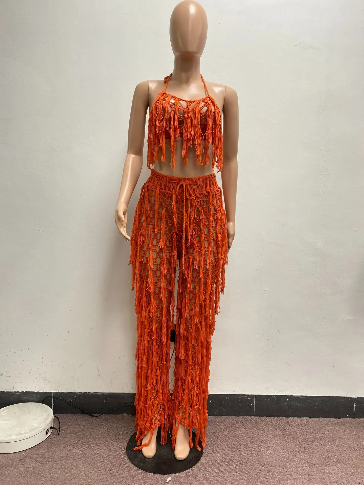 Knit Rib Tassel 2 Piece Set Summer Beach Wear Sexy Fishnet Halter Lace Up Crop Top + Pants See Through Tracksuit Women Outfits