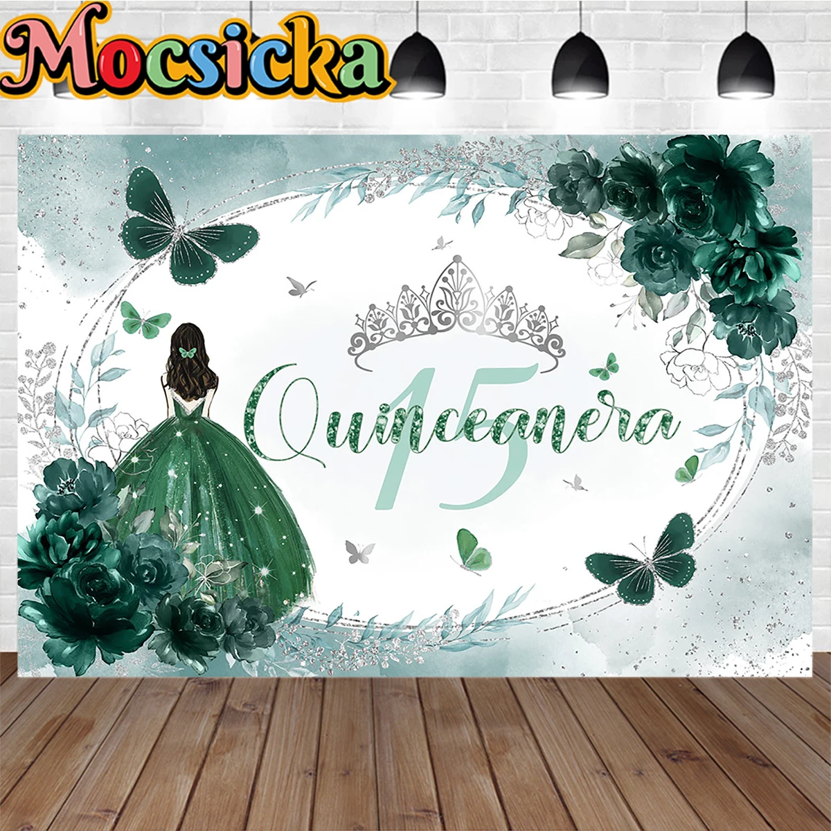 

Girl 15th Quinceanera Birthday Backdrop Poster Green Princess Dress Silver Crown Flower Decoration Butterfly Background Photo