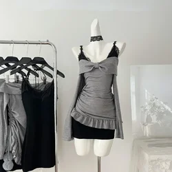 French Sexy Elegant Y2k 2 Piece Sets Women Vintage Bow Long Sleeve Blouse + Lace Casual Vest Female Chic Clothing Autumn 2024