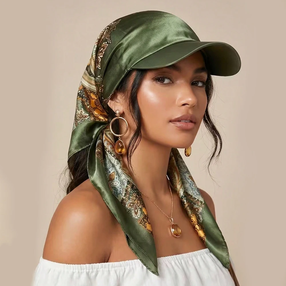 Women's Satin Square Scarf Sun Hat, Y-Shaped Tie-Back Headscarf with Brim, Summer Beach Vacation Headscarf and Chemotherapy Headwear