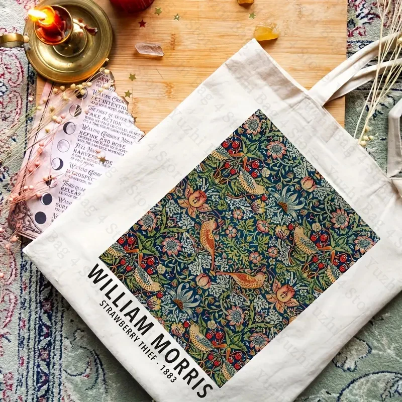 William Morris Strawberry Thief Pattern Print Tote Bags 100% Canvas Luggage Bag Gift for Him Her Vintage Art Nouveau Exhibition