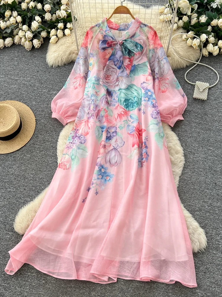 

Женское повседневное платье Sweet Knot Long Sve A-Line в корейском стиле с присборенной талией, принтом и из полиэфирного волокна