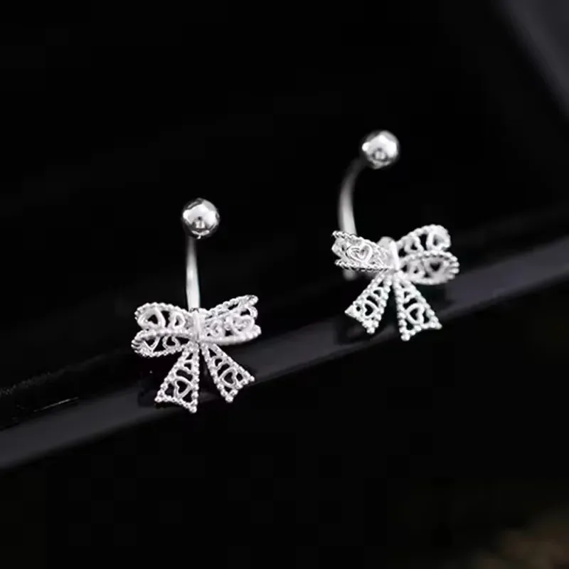 Real 925 Sterling Silver Minimalist Hollow Lace Heart Bow Screw Buckle Puncture Stud Earrings for Women Fine Jewelry Accessories