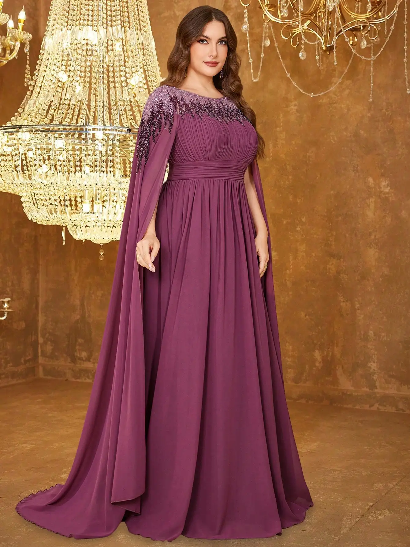 فستان سهرة نسائي من UNITHORSE Plus بياقة واقفة وأكمام كيب مزين بالترتر ومقاس نحيف من الشيفون