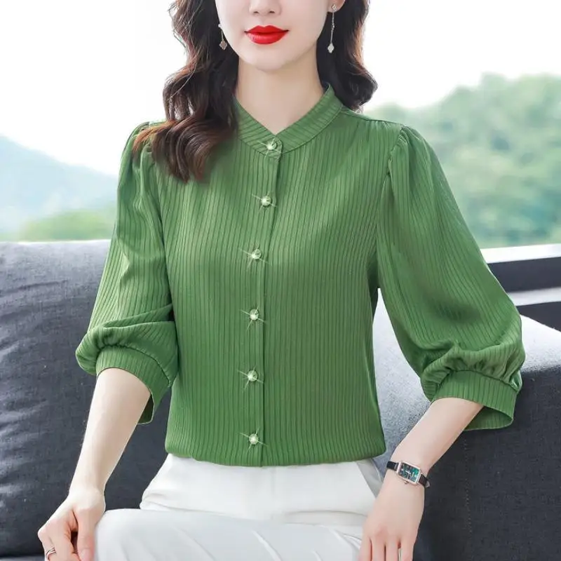 Temperament Solid Color Striped Shirt Summer Women\'s Fashion Versatile Bubble Sleeve Stand Up Collar Loose Single Breasted Shirt