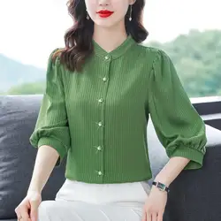 Temperament Solid Color Striped Shirt Summer Women's Fashion Versatile Bubble Sleeve Stand Up Collar Loose Single Breasted Shirt